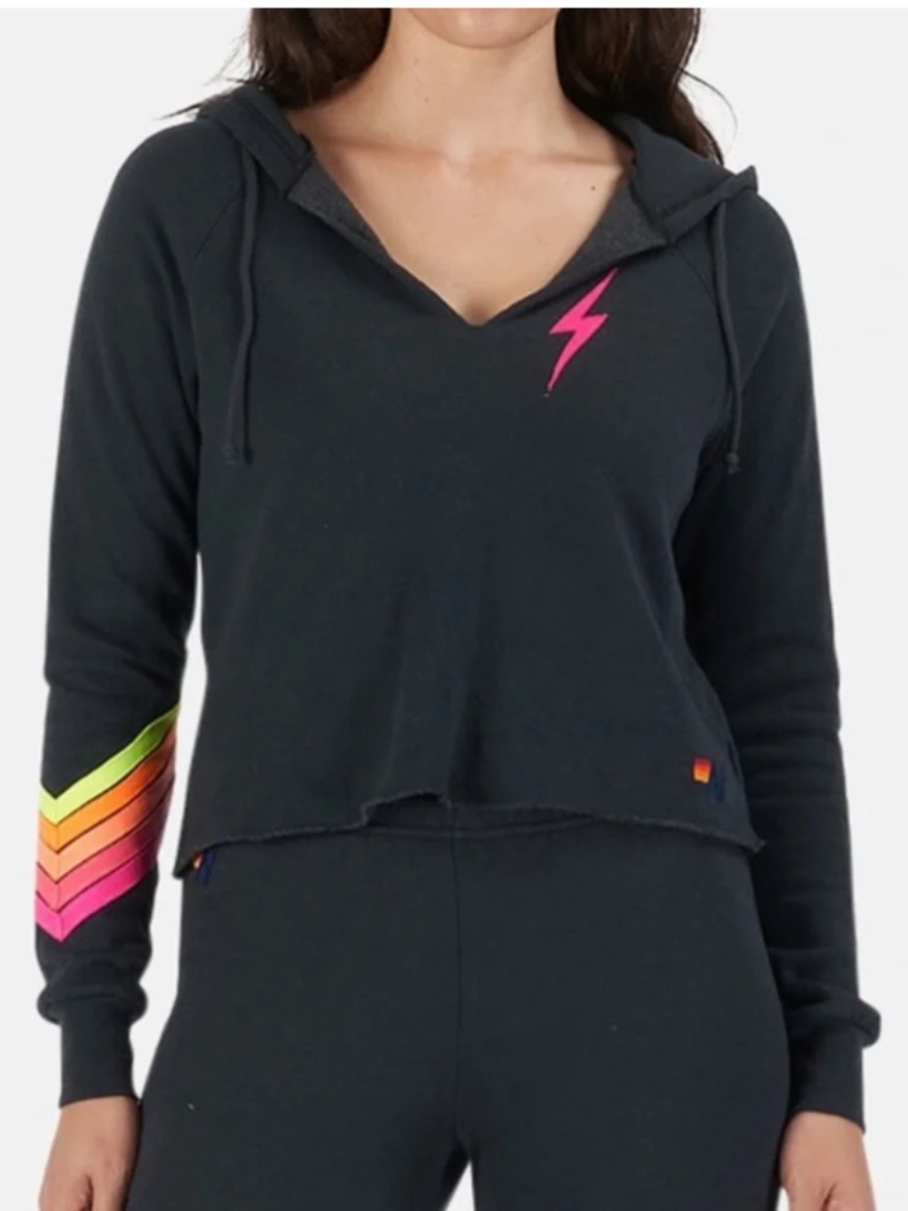 Aviator Nation Charcoal Neon Stripe Bolt Cropped Hoodie, Size M - Picture 2 of 9